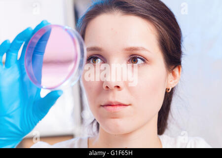 Modello rilasciato. Tecnico femminile azienda capsula di petri in laboratorio. Foto Stock