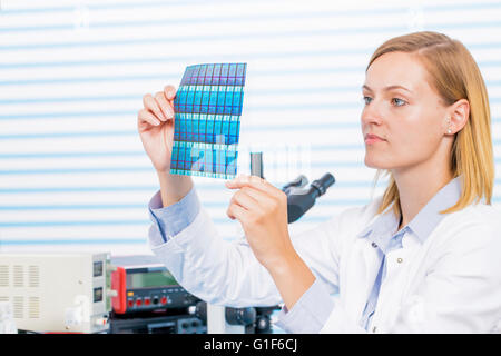 Modello rilasciato. Tecnico femminile tenendo i wafer di silicio. Foto Stock