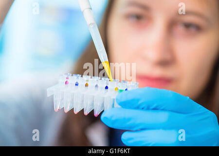 Modello rilasciato. Femmina tecnico di laboratorio azienda provette e una pipetta. Foto Stock