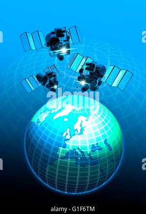 Il pianeta terra e satelliti, illustrazione. Foto Stock