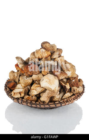 Funghi secchi fette sulla piastra isolata su uno sfondo bianco Foto Stock