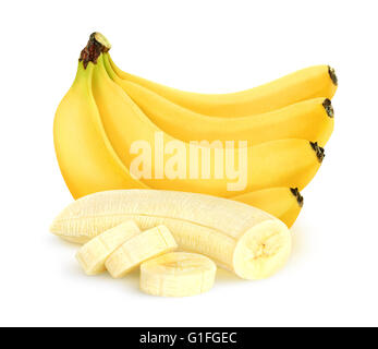 Taglio isolate sbucciate le banane. Grappolo di banane isolato su sfondo bianco con tracciato di ritaglio Foto Stock