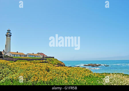 Autostrada 1, Big Sur, California: spiaggia e Pigeon Point Stazione di luce, costruito nel 1871, il più alto faro della Costa Ovest degli Stati Uniti Foto Stock