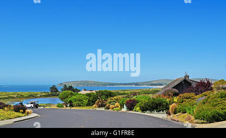 California: una strada, ville e giardini in Bodega Bay, noto per essere l'impostazione per il 1963 Alfred Hitchcock film Gli Uccelli Foto Stock