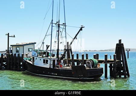 California: una barca da pesca nella bodega porto nella Bodega Bay, famosa per essere stata la sett per il film 1963 uccelli diretto da Alfred Hitchcock Foto Stock