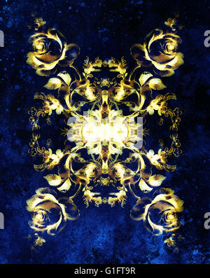 Fiore ornamentale mandala. Rose flover collage. Oro e blu. Foto Stock