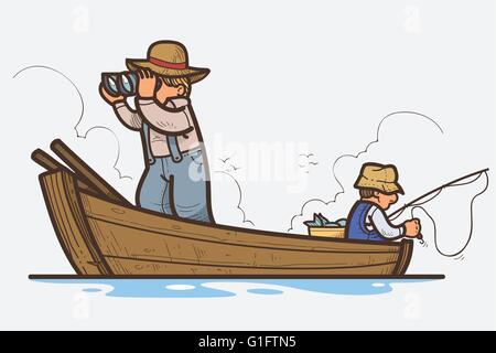 Illustrazione Vettoriale di due man la pesca in barca Illustrazione Vettoriale
