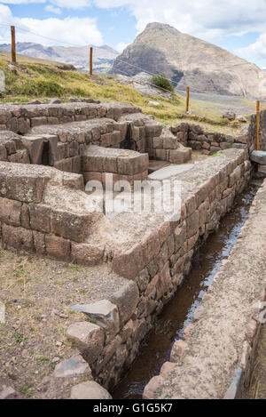 I muri in pietra, edifici, vicolo e canale di Pisac, città Inca di Valle Sacra, importante meta di viaggio nella regione di Cusco, Perù. Foto Stock