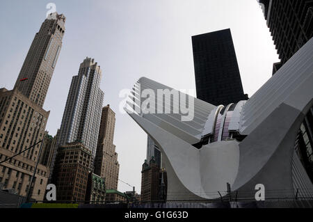 World Trade Center hub di trasporto edificio curvo della progettazione architettonica nella città di New York, la parte inferiore di Manhattan. Foto Stock