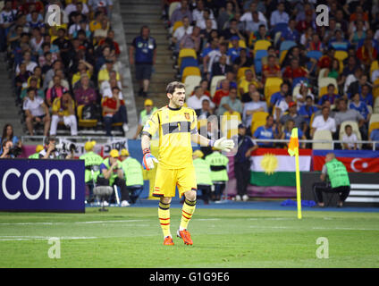 Kiev, Ucraina - 1 Luglio 2012: il portiere Iker Casillas di Spagna in azione durante UEFA EURO 2012 gioco finale contro l'Italia a Olym Foto Stock