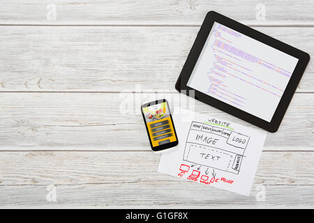 Designer's desk con sensibile web design concept. Foto Stock