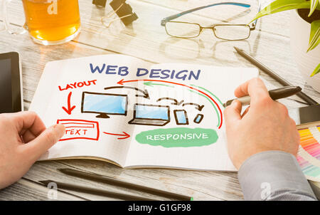 Designer's desk con sensibile web design concept. Foto Stock