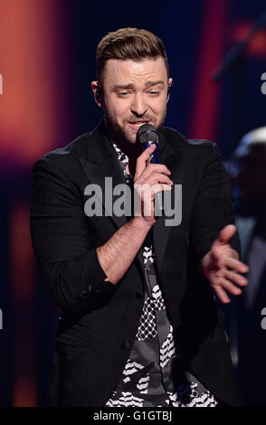 Stoccolma, Svezia. 14 Maggio, 2016. Noi cantante Justin Timberlake esegue durante il gran finale della 61st annuale di Eurovision Song Contest (CES) a Stoccolma, Svezia, 14 maggio 2016. Foto: Britta Pedersen/dpa/Alamy Live News Foto Stock