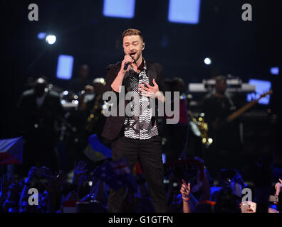 Stoccolma, Svezia. 14 Maggio, 2016. Noi cantante Justin Timberlake esegue durante il gran finale della 61st annuale di Eurovision Song Contest (CES) a Stoccolma, Svezia, 14 maggio 2016. Foto: Britta Pedersen/dpa/Alamy Live News Foto Stock