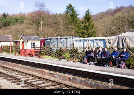 A pranzo e a riposo per un gruppo di escursionisti e il loro cane, stazione Levisham, North Yorkshire, Inghilterra, Regno Unito Foto Stock