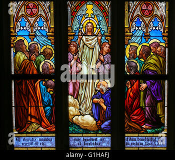 Vetro colorato nella Basilica di Vysehrad a Praga Repubblica Ceca, raffiguranti Gesù parla ai suoi discepoli Foto Stock