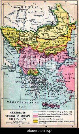 Mappa dei confini nella penisola balcanica dopo il Trattato di Berlino - 1878 Foto Stock