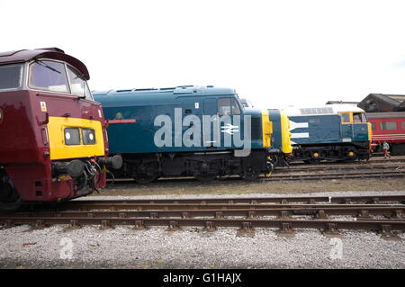 Locomotive diesel e a vapore in un cortile Foto Stock