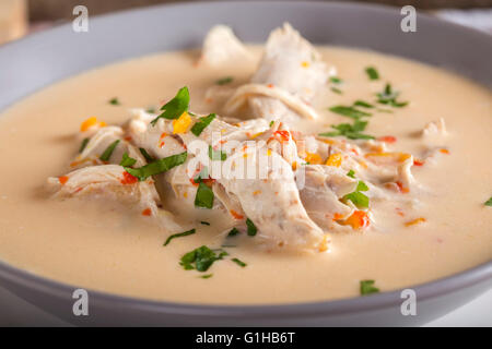 Close up Romanian di zuppa di pollo denominato Ciorba Radauteana sulla piastra Foto Stock