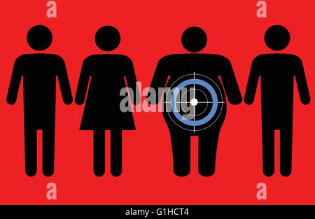 Il diabete di targeting persone sovrappeso su sfondo rosso Illustrazione Vettoriale