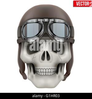 Cranio umano con retro aviatore o biker casco. Illustrazione Vettoriale