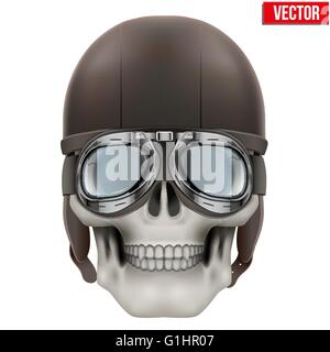 Cranio umano con retro aviatore o biker casco. Illustrazione Vettoriale