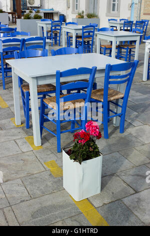 Pelargonium (Geraniaceae) impianto decorare le righe di ciano ristorante vuoto tavoli con sedie blu. Il lungomare di Mirina,Limnos Foto Stock