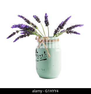 Mazzo di fiori di lavanda in vaso retrò isolati su sfondo bianco Foto Stock