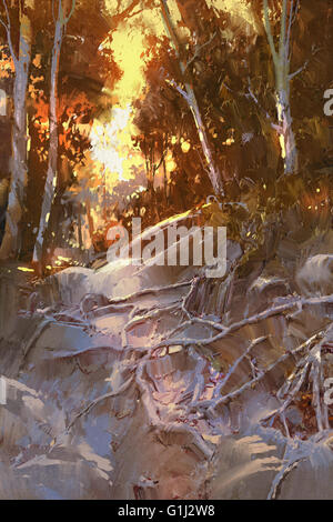 La pittura di paesaggio del percorso coperto con radici di albero e rocce in foresta Foto Stock