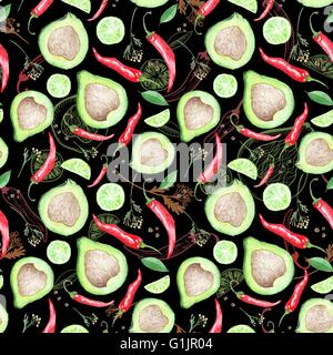 Seamless texture brillanti con avocado, peperoncino, calce e spezie su sfondo nero Foto Stock