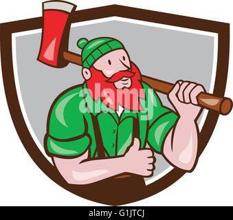 Illustrazione di un Paul Bunyan un American lumberjack sawyer foresta portando ax sullo spallamento Thumbs up insieme all'interno della protezione sulla cresta Illustrazione Vettoriale