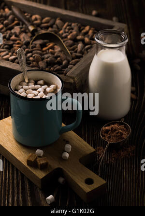 In casa la cioccolata calda con marshmallows sul legno ruvido Foto Stock
