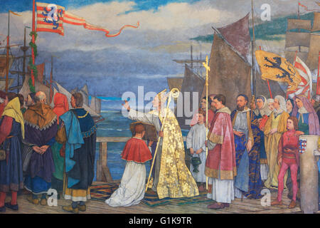 Una pittura murale all'interno del municipio di Bruges, Belgio Foto Stock