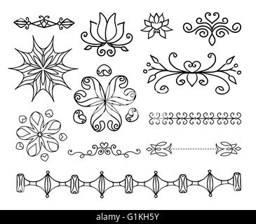 Disegnato a mano gli elementi di decorazione, telai, pagina divisore e confine illustrazione vettoriale con tutti gli elementi separati per il tuo design Illustrazione Vettoriale