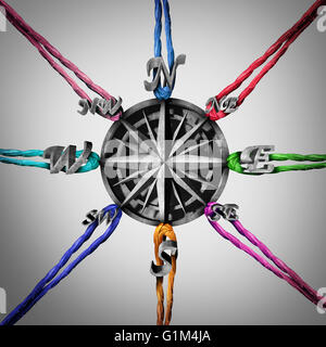 Tirando in direzioni diverse la concezione di business come una bussola essendo tirato da un gruppo di funi come una metafora per punti di vista opposti e guida la confusione con 3D'illustrazione degli elementi. Foto Stock