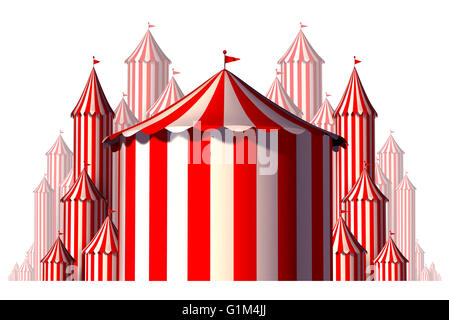 Tenda del circo di un elemento del gruppo in un concetto orizzontale composizione Carnevale come un divertimento e svago simbolo per un festoso evento speciale celebrazione isolata su uno sfondo bianco come un 3D'illustrazione. Foto Stock