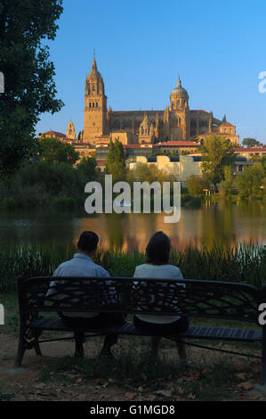 Cattedrale e il fiume Tormes, Salamanca, Castiglia-Leon, Spagna. Foto Stock