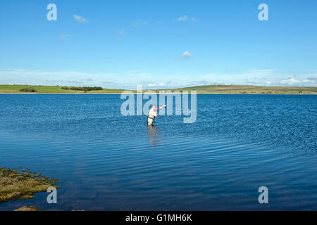 La pesca a mosca sul serbatoio Colliford lago Bodmin Moor Cornwall lone uomo casting con asta sul lago ancora cielo blu Foto Stock