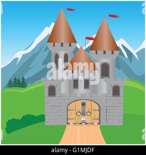 Illustrazione di fortezza medievale in montagna in estate Illustrazione Vettoriale