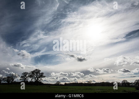 Nuvole attraverso un cielo blu. Preso in Norfolk. Foto Stock