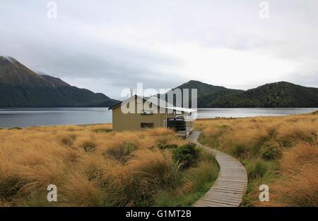 Scena nel Parco Nazionale di Fiordland, Nuova Zelanda. Capanna di pubblico. Lago Verde tramping rotta. Foto Stock