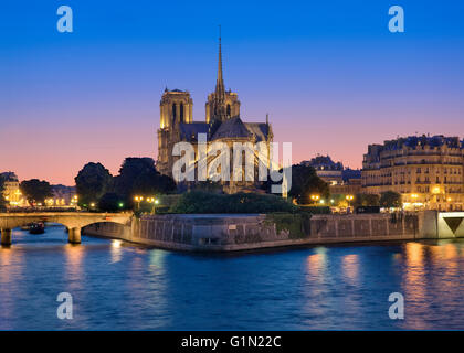 La cattedrale di Notre Dame e il fiume Senna di notte Foto Stock