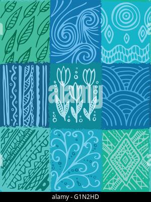 Vettore astratto modello senza giunture, disegnato a mano design patchwork, blu e teal sfumature. Design per prodotti tessili e della carta da imballaggio. Illustrazione Vettoriale