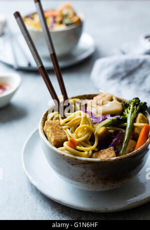 Salsa speziata con le tagliatelle croccanti di tofu & inverno verdure, privi di glutine e vegane. Foto Stock