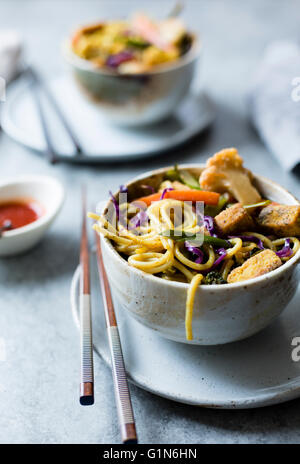 Salsa speziata con le tagliatelle croccanti di tofu & inverno verdure, privi di glutine e vegane. Foto Stock