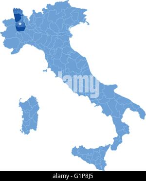 Mappa di Italia dove la provincia di Vercelli è tirata fuori, isolati su sfondo bianco Illustrazione Vettoriale