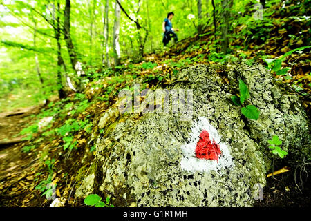 Escursionismo triangolo rosso Vernice per marcatura su una roccia con un escursionista sul sentiero Foto Stock