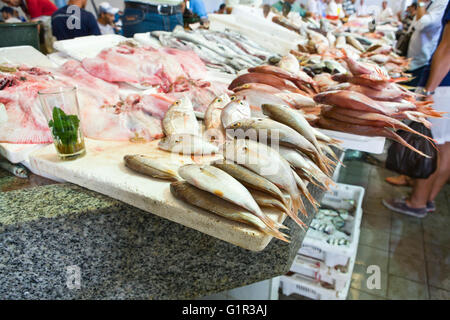 Mercato del pesce a stallo di negozi di generi alimentari, Tangeri, Marocco