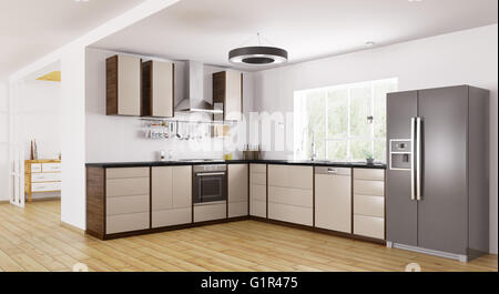 Interno della moderna cucina, frigo,lavastoviglie,forno 3d rendering Foto Stock