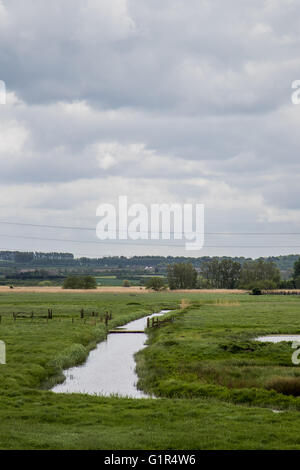 Creek che conduce verso il fiume Swale attraverso Kent farmland, North Downs in background Foto Stock